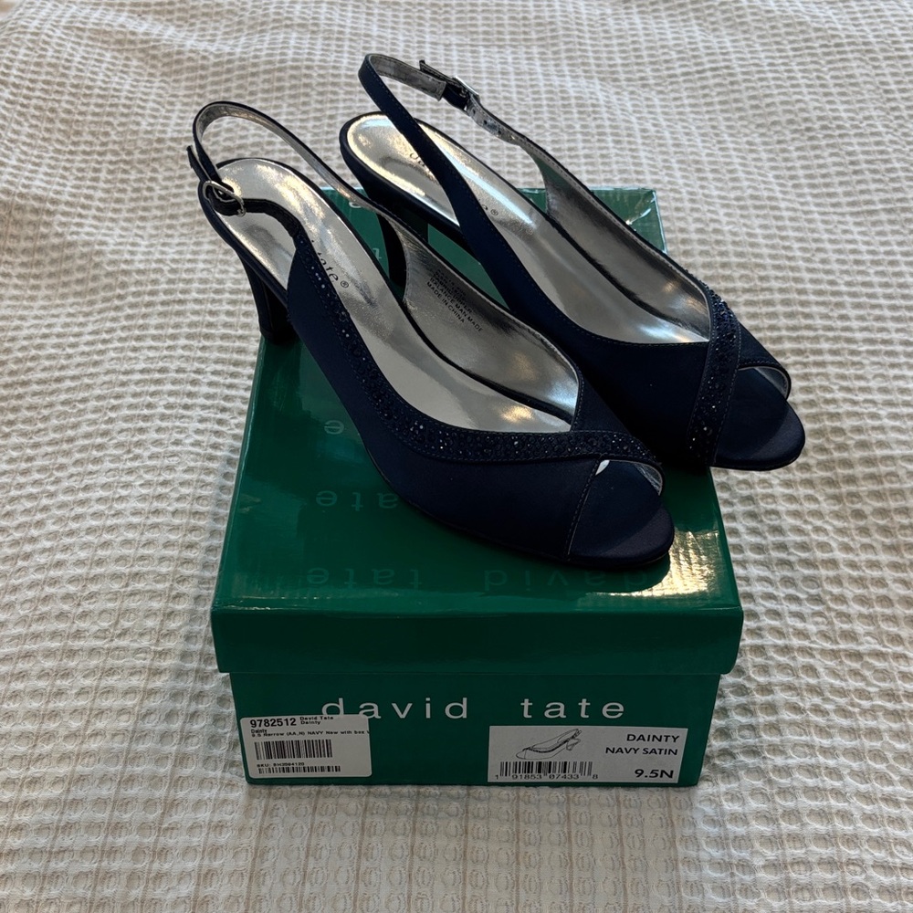 David Tate Dainty Navy Satin Slingback Heels